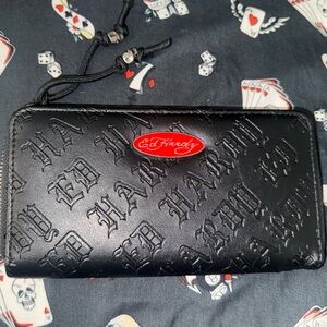 Ed Hardy Black Zip Wallet with Red Logo Oval